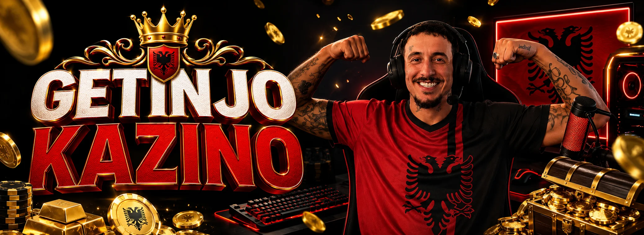 Getinjo me kufje te tavolina e lojës dhe banderola e bonusit 1500€ të Getinjo Kazino
